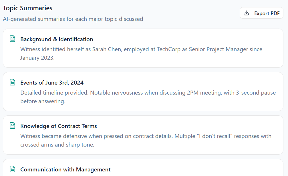 Topic Summaries: testimony partitioned into discrete topics with AI-written summaries and an Export PDF action.